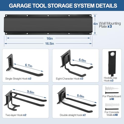 Garage Tool Organizer Wall Mount 49.5", 520lbs Heavy Duty Rack | 11 Adjustable Hooks for Garage Wall Garden & Yard Storage, Shed Wall Hanger System for Shovels, Ladders, Brooms, Weed Eaters - size: 49.5''-14Pack