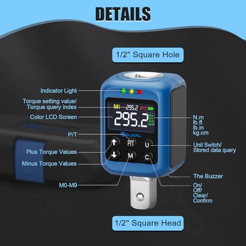 Digital Torque Adapter 1/2" Drive, 4.4-295.2 Ft-lb/6-400 Nm | Digital Torque Wrench Converter, Buzzer&LED Indicator, Adapters for Auto Repair, Truck Maintenance, Machinery, Moto, Off-road - size: 4.4-295.2 Ft-lb/6-400 Nm