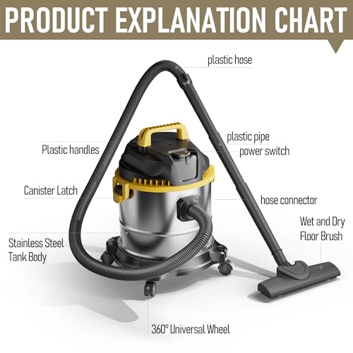 5 Gallon Wet Dry Vacuum Cleaner, Stainless Steel Shop Vacuum with Blower Function, Powerful Suction for Dust, Debris & Liquid, Ideal for Garage, Workshop, Home, Car, Pet Hair & Pool Cleaning
