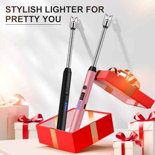 LcFun Candle Lighter Windproof USB C Electric Lighters with 360° Flexible Neck & Safety Lock, 2 Pack Flameless Lighters Long Stem Matches for Candle, Grill, BBQ, Gas Stoves (Black & Rose Gold) - color: Rose Gold + Black