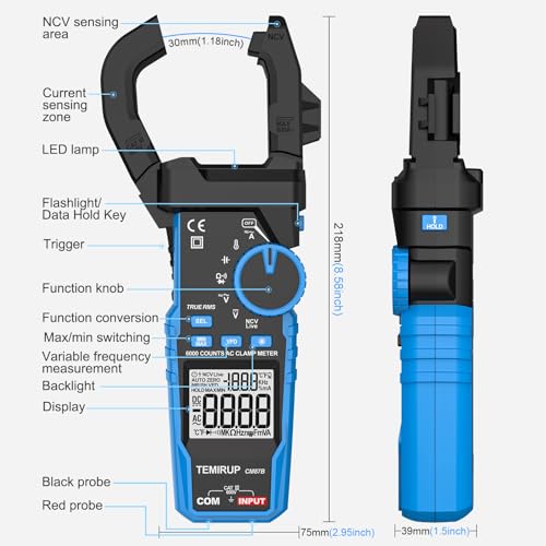 Inrush Digital Clamp Meter Multimeter - TEMIRUP T-RMS 6000 Counts 1000A Amp Voltage Tester with VFD, LOZ, Measures NCV, AC/DC Voltage Current, Continuity Capacitance Frequency Resistance, Temperature - size: CM87PRO, style: 1000A AC/DC Clamp Meter