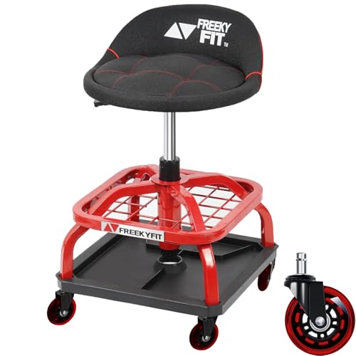 Rolling Stool with Red Wheels, Heavy Duty Garage Work Mechanic Rolling Shop Stool with Backrest, Adjustable Height 360°Swivel Roller Mechanic Chair with 2 Tool Trays, 330 LBS Capacity - color: Red Stool With Red Casters