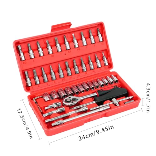 YWHWXB 46 Pieces Mechanic Tool Kit 1/4” Dr. Ratchet Socket Wrench Set with Storage Case, Includes Bit Sockets and Extension Bar - size: Full Size