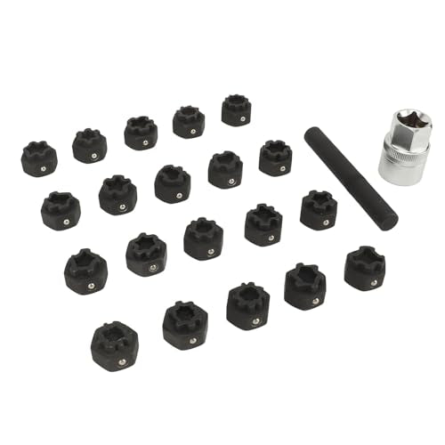 22pcs Wheel Lock Removal Tool Kit, 20 Different Sockets for Locking Lug Nuts, 1/2 Inch 85mm Socket Adapter, Chrome Molybdenum Steel Construction, Universal Automotive Lock Nut Remover Set