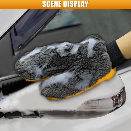 2PCS Car Wash Mitt, Coral Fleece Microfiber Dusting Mitt with Thumb, No Scratch No Lint Cleaning Glove with Elastic Wrist Cuff, Reusable Car Washing and Detailing Supplies (Thumb)