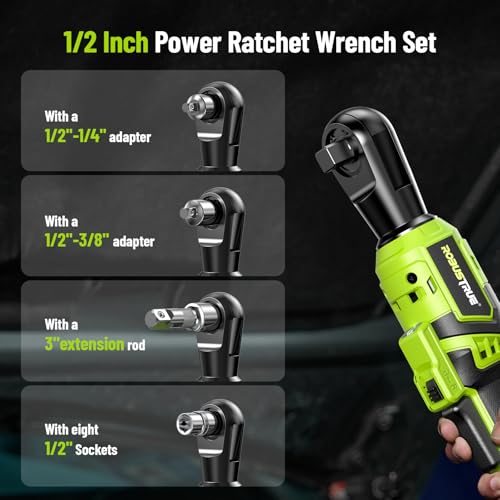 Robustrue 1/2" Electric Ratchet Wrench: 66Ft-lbs/400 RPM Variable Speed Cordless Power Ratchet Kit with 2x2000mAh Li-Ion Batteries, 8 Sockets, 1/4" and 3/8" Adapters, 3" Extension Bar for Auto Repair | 400 RPM brushless motor, 8 sockets, 1/4 and 3/8 adapt