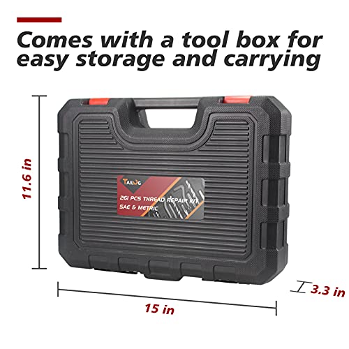 Thread Repair Kit, 261-Piece HSS Drill Helicoil Repair Kit SAE & Metric 1/4" 5/16" 3/8" 7/16" 1/2" M5 M6 M8 M10 M12 with HSS Drill Threaded Inserts Screw Tap Installation and Tang Break Tool