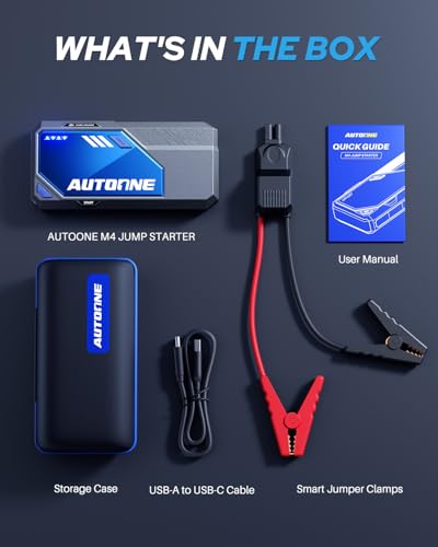 AUTOONE M4 Jump Starter 8000A Car Battery Jumper Starter Portable, 12V Jump Pack (All Gas/12L Diesel) Jump Box for Car Battery with Built-in Booster, Storage Case, LED Light, Jumper Cables - size: 8000A