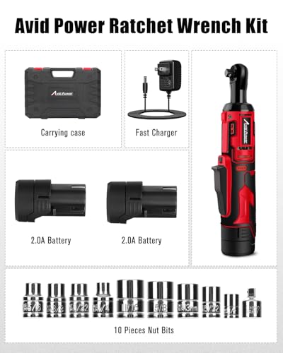 AVID POWER Cordless Electric Ratchet Wrench 3/8", 44.2 Ft-lbs 12V Power Ratchet Wrench Kit w/Two 2.0Ah Batteries, 1-Hour Fast Charger, Variable Speed and 10 Sockets
