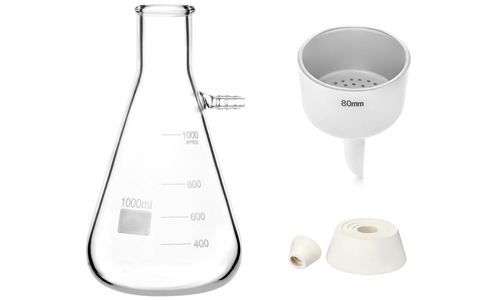 QWORK 1000ML Buchner Funnel Kit Filter Flask Set, 1L Vacuum Flask 80mm Funnel, Borosilicate Glass Heavy Wall Filtering Flask