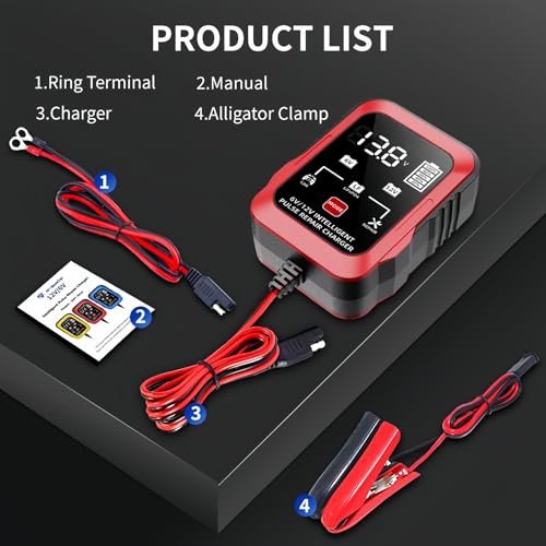 6V 12V Battery Charger 1.5A Automatic Battery Maintainer Trickle Charger Smart Float Charge, Auto Battery Repair Charger Desulfator for Car Motorcycle Lawn Mower Boat Lead Acid AGM LiFePO4 Batteries