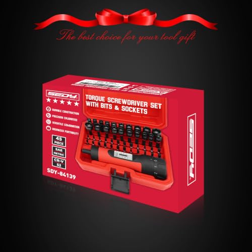 Torque Screwdriver 10-70 in-lb, 45-Piece 1/4" Drive Set with 24 S2 Steel Bits, 20 CR-V Magnetic SAE and Metric Nut Drivers, Storage Case, Inch Pound Torque Wrench for Automotive, Bike and DIY Repair