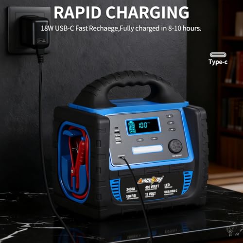 2400A Car Battery Jump Starter and Portable Power Station – Starts 8.0L Gas & 8.0L Diesel – 6-in-1 Jump Starter with Air Compressor 100 PSI Tire Inflator – 400 Watt Inverter AC/DC/USB Outlets - style: Blue