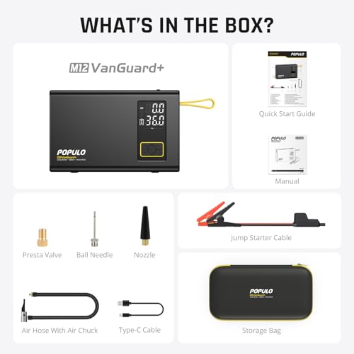 POPULO Car Jump Starter with Air Compressor, 12V 59.2Wh Portable Booster Pack Box with 150PSI Digital Tire Inflator, Extended Smart Clamps, 3000A 4-in-1 Auto Battery Starter (All Gas/12L Diesel)