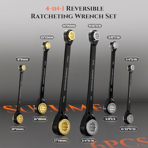 SUZUME 6PCS 4 in 1 Ratchet Wrench Metric (8-19mm) SAE (1/4"-3/4") | Reversible Ratcheting Bouble Box End 72-Tooth CR-V Auto Motorcycle Bicycle Industrial and Mechanical Repair with Storage Bag - size: Metric & SAE