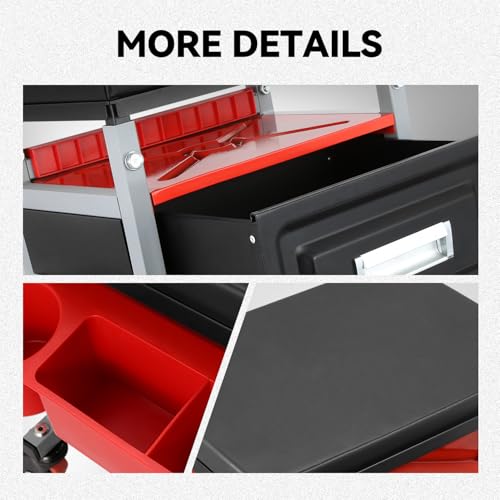 Auto Dynasty Universal Max 350 Lbs Red Stool Mechanic Rolling Creeper Seat with Tool Tray + Storage for Household Home Garage Warehouse Office