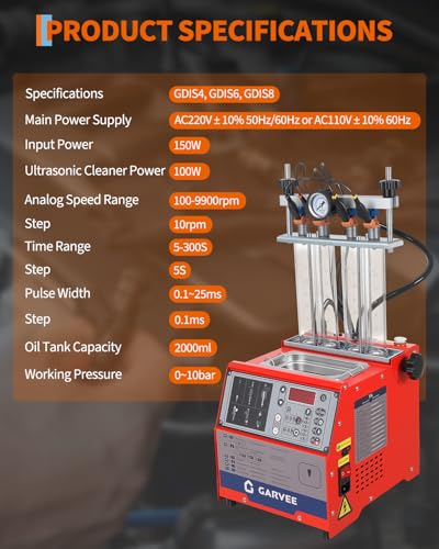 Garvee Fuel Injector Cleaner Tester 4-Cylinder, 14 Test Modes 12V, Ultrasonic for GDI/Piezo/Motorcycle Injectors, 0-10 bar, 0.1-25ms, Resistance, Leakage, Auto, On-Vehicle Cleaning, Digital Display - size: 4-Cylinder Model, 3-in-1