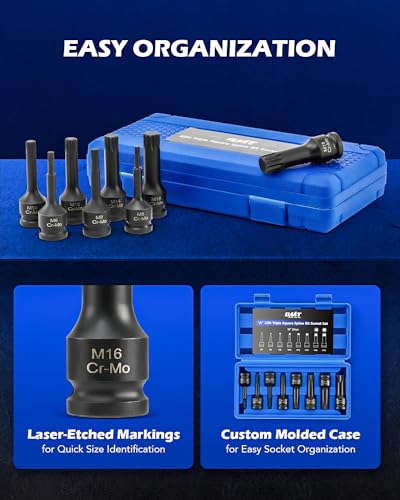 Orion Motor Tech XZN Triple Square Spline Bit Sockets, 8pc 1/2" Drive Impact Triple Square Bit Socket Set with Metric M5 M6 M8 M10 M12 M14 M16 M18 Socket Adapters, Cr-Mo Steel, Storage Case - style: XZN Triple Square Spline Bit Socket Set