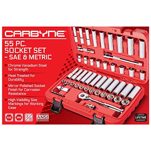 CARBYNE 55-Piece 3/8 in. Drive Socket and Ratchet Set, SAE and Metric, 6 Point, CrV Steel, 90-Tooth Ratchet, Deep and Standard Sockets, Storage Case