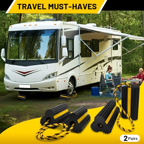 ROBLOCK 2 Pairs Wheel Chocks Heavy-Duty Rubber Wheel Block Non-Slip Base with Nylon Rope Yellow Reflective Tape - 4 Pack Wheel Stopper for Travel Trailers, Car, Camper, Truck, Black - color: 4pack