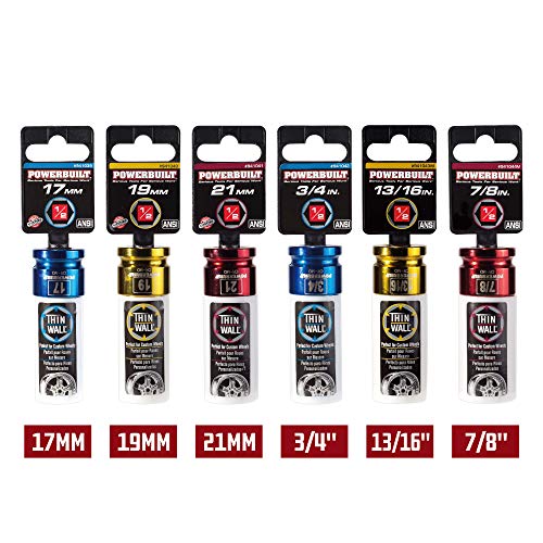 Powerbuilt Thin Wall Socket, Metric Lug Nut, 21mm, 1/2 Inch Drive, Custom Wheels, Rim Saver, Protective Sleeve - 941041 - size: 21mm