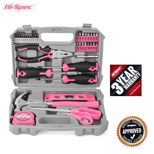 Hi-Spec Tool Kit, General Household Hand Tool Set with Toolbox Storage Case, All-in-One Compact Toolkit for DIY & Dorm Use, Pink | 38pc, everyday fixes made easier, organized portable storage, beginner-friendly selection, apartment and office tasks, tidy