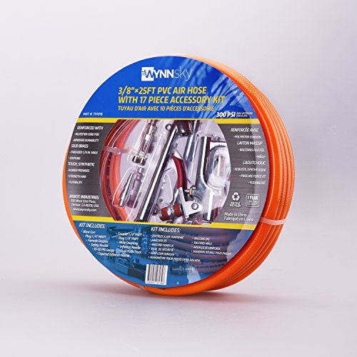 3/8" X 25ft PVC Air Compressor Hose Kit With 17 Piece Air Tool and Air Compressor Accessories Kit