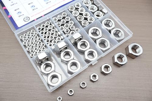 155 Pcs Metric Hex Nuts Kit, M3 M4 M5 M6 M8 M10 M12 | 304 Stainless Steel, Standard Metric Coarse Thread, Hardware Nuts - size: Metric (155Pcs)