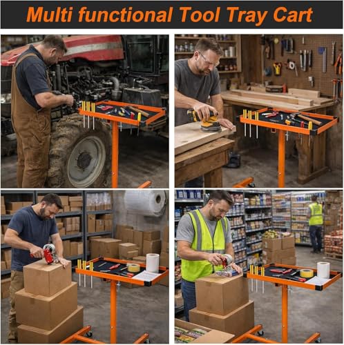 A A IN Mechanics Rolling Work Table, Adjustable Mobile Tray Table for Shop, Garage, DIY. Tool Tray Cable with Wheels. 220 lb. Capacity, Orange | Adjust Height 37.7-45 in, Heavy-Duty Big Tray Tool Table with Rubber Pad, Smooth mobility, for repair shops, D