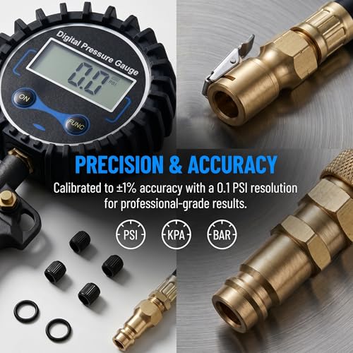 Digital Tire Pressure Gauge with Inflator | 3-250 PSI, Air Chuck & Compressor Accessories, Heavy Duty, Quick Connect Coupler, 0.1 Display Resolution