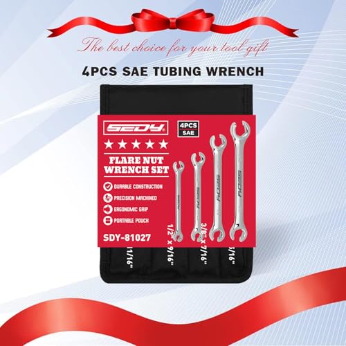 4-Piece Flare Nut Wrench Set - SAE Brake Line Wrench 1/4, 5/16, 3/8, 7/16, 1/2, 9/16, 5/8, 11/16-inch, Professional Offset Heads, Portable Organizer Pouch Included - style: 4-Pc SAE (Flare Nut)