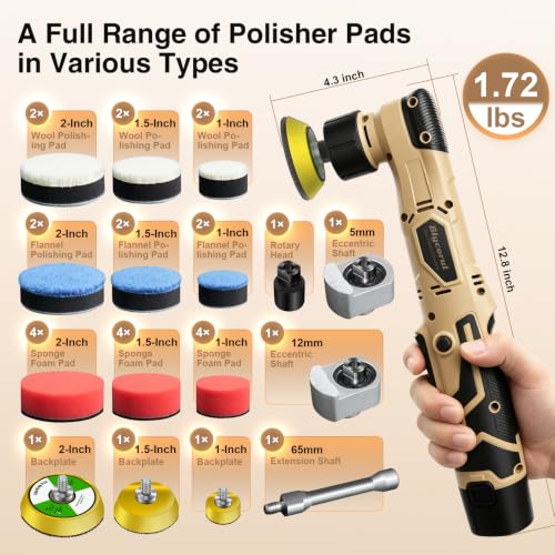 Cordless Mini Polisher,1/1.5/2Inch,DA&RO with 11 Variable Speed 2500-6000 RPM,2 * 2.3Ah Rechargeable Batteries,Car Detailing Micro Polisher - style: 2*Batteries Kit