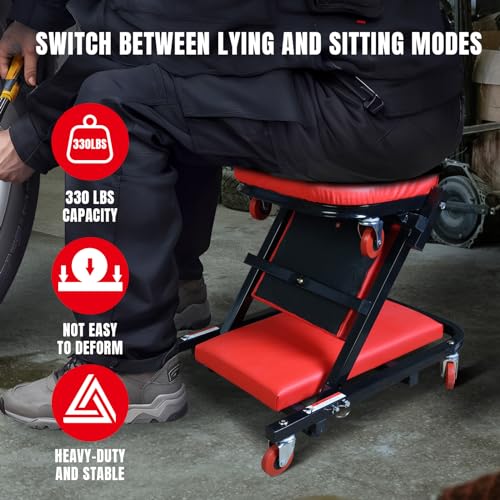Big RED ATW4015ZR Torin ,40" Foldable Z-Creeper Seat,2-in-1 Garage/Shop Creeper,330 lbs Capacity,Low Profile Creeper with 6 pcs Wheels for Auto Repair,Garage and Shop,Lay Down or Sit,Red - style: 40″RED Foldable Creeper