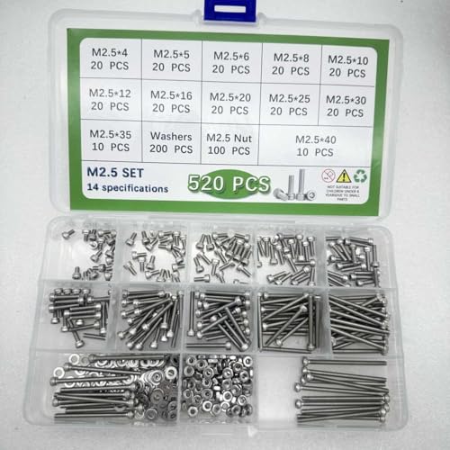Button Head/Hex Socket/Phillips Flat Head Screws Assortment - Furniture, Auto, Home Repair Fastener Kit (520 PCS M2.5 Hexagon Screws Set) - color: 520 PCS M2.5 Hexagon Screws Set