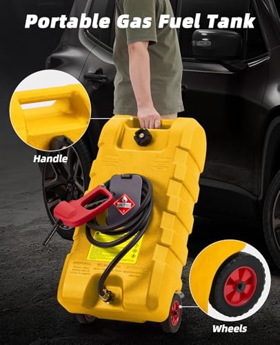 15 Gallon Gas Can, Portable Fuel Tank with Pump, Fuel Transfer Tank, Portable Gasoline Tank On Wheels with Le Fluid Transfer Siphon Pump and 10-Inch Hose for Cars, Boats, Lawnmowers, ATVs - color: Yellow