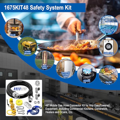 1675KIT48 Safety System Kit, 48" Mobile Gas Hose Connector with 2 Elbows, 3/4" Quick Disconnect, 3/4" Gas Flex Line & Gas Valve, Quick Connect & Disconnect for Commercial Kitchen Equipment.