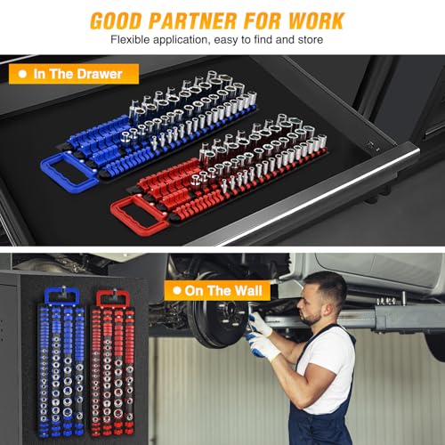 GOOACC Socket Organizer Tray 1/4 inch 3/8 inch 1/2 inch Socket Holder Portable Socket Rail Organizer Trays for Tool Box Drawer, 2Pcs Set Socket Tray Holds 160-Piece SAE Metric Socket, Blue & Red - size: 2 Set Tray 1/4"3/8"1/2" Blue Red
