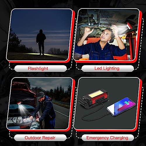 YiaMia Rechargeable Magnetic Work Light 2-Pack LED Flashlight | 2-Pack USB-C Rechargeable LED Work Lights with Strong Magnet, Kickstand and Carabiner for Garage, Camping, Car Repair - color: Red