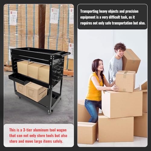 BHB 3 Tier Rolling Tool Cart Box On Wheels with Lockable Drawer, Heavy Duty Capability Tool Cart for Mechanics, Large Storage Organizer Utility Cart, for Garage Warehouse Repair Shop, 350 Lbs Load - style: With Drawer