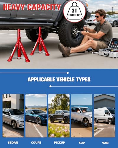 3 Ton Foldable Jack Stands (6,600 LBs) - Heavy Duty Car Jack Stand for Trucks&SUV&DIY- Adjustable Height 11.42"-16.06" with Safety Pin - Ideal for Home Garage, Workshops, UTV/ATV - Red, 1 Pair - size: 3 Ton Foldable Jack Stands