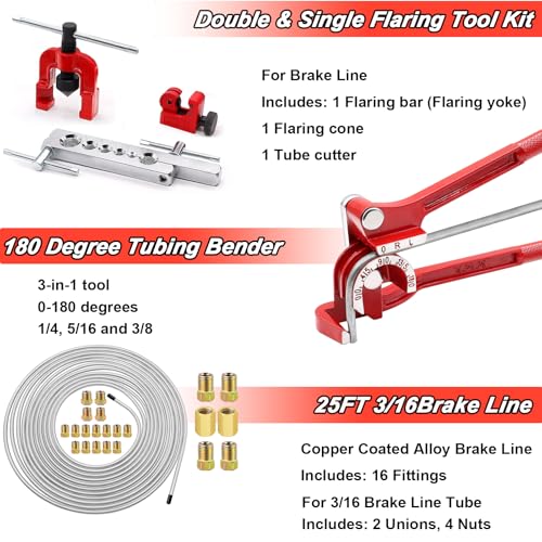 Tnisesm 3/16Inch Brake Line kit Include Zinc-Plated Brake Lines with Fitting (16Pcs Fittings,2Pcs Unions+4Pcs Nut) Brake line Bender Single Flare Tool,Cutter 3/16Inch Brake line kit - style: 3/16 Silver Brake Line Kit with Tube Bender