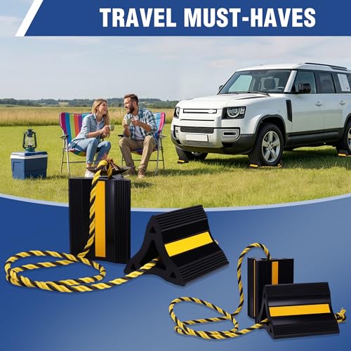 WORKPRO 4-Pack Wheel Chocks, Rubber Wheel Chocks with Rope, Heavy Duty Non-Slip Wheel Chock for RV, Trailer, Cars & SUVs, Tire Stopper Wedges with 3 Reflective Strips for Garage and Driveway