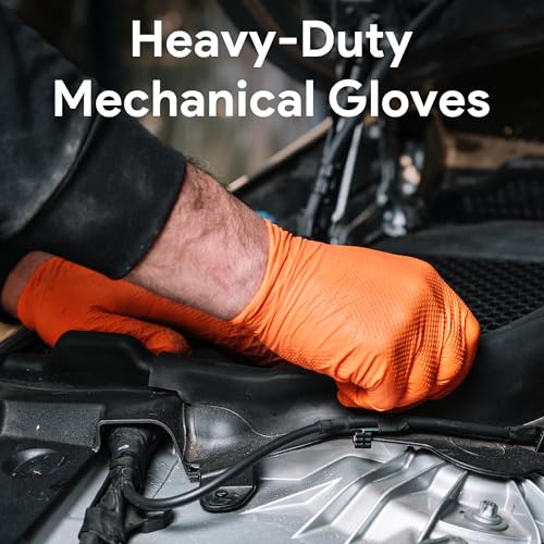 WECARE 8 Mil Nitrile Gloves - Heavy Duty Mechanic Gloves, with Diamond Grip - Powder and Latex Free Disposable Gloves - color: Orange, size: XX-Large