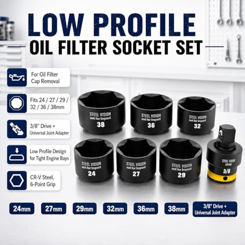 Steel Vision 7-Piece Low Profile Oil Filter Socket Set, 3/8" Drive Oil Filter Cap Removal Tool Kit with 24, 27, 29, 32, 36, 38mm Sockets and Universal Joint Adapter, CR-V Steel