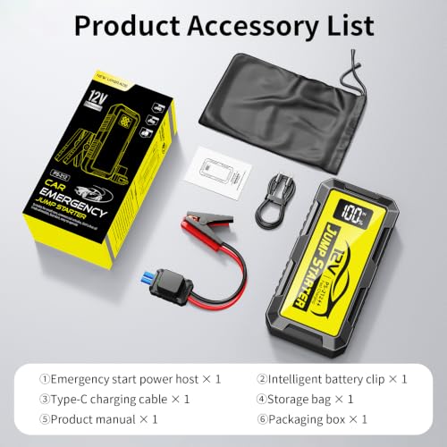 8000A Car Jump Starter, 12V Jump Starter Battery Pack (All Gas,up to 10.0L Diesel Engine) Jumper Cables Portable Lithium Jump Box, USB Output and LED Light - color: yellow