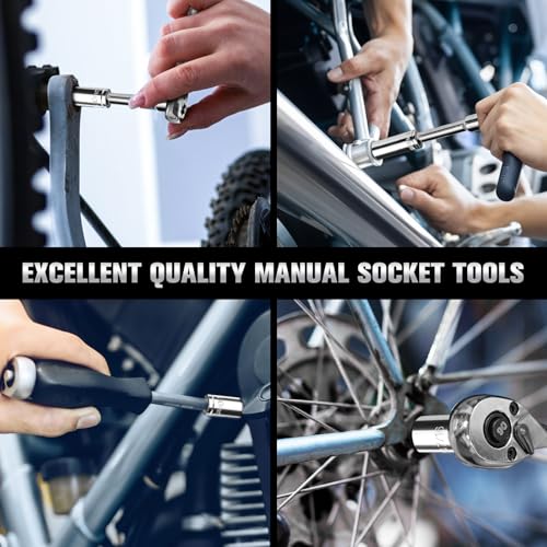 44-Piece 1/4 Inch Drive SAE (3/16 in - 9/16 in) & Metric (4 mm - 14 mm) Socket Set, Socket Wrench Set with 90 Tooth Reversible Ratchet Wrench and Extension Bars, Chrome Vanadium Steel