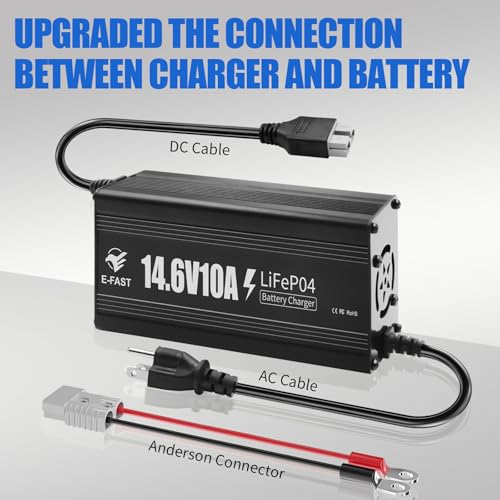 E-FAST 12V 10A Lithium Battery Charger, 14.6V LiFePO4 Battery Charger with Premium Aluminum Housing - 0V Activation for Golf Cart, RV, Marine, Boat, Trolling Motor - Includes Anderson Connector