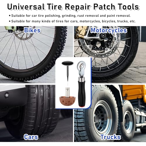 26Pcs Tire Repair Patch Tool Kit,Including 24pcs Tire Patch Plugs(35/40/50 mm), Tungsten Buffing Wheel, Tire Patch Roller with 4mm Twist Drill Bits,Tire Patch Kit for Vehicles