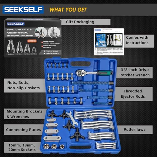 3" 4" 6" 8" Gear Puller Set, 2-Jaw/3-Jaw Bearing Puller Kit with Ratchet Wrench, Heavy Duty Pulling Tool, Reversible Jaw for Internal External Flywheel Gear Pulley Bearing Rotor Removal