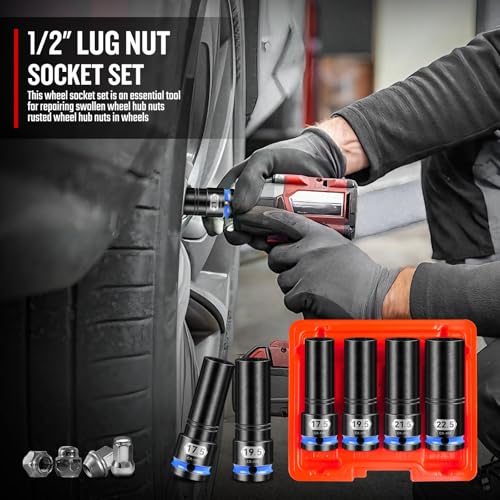 1/2" Drive Thin Wall Lug Nut Socket Set, 4 PCS Half Size Metric Impact Wheel Socket,17.5mm, 19.5mm, 21.5mm, and 22.5mm, Cr-Mo Steel For Damaged, Swollen and Stuck Lug Nuts